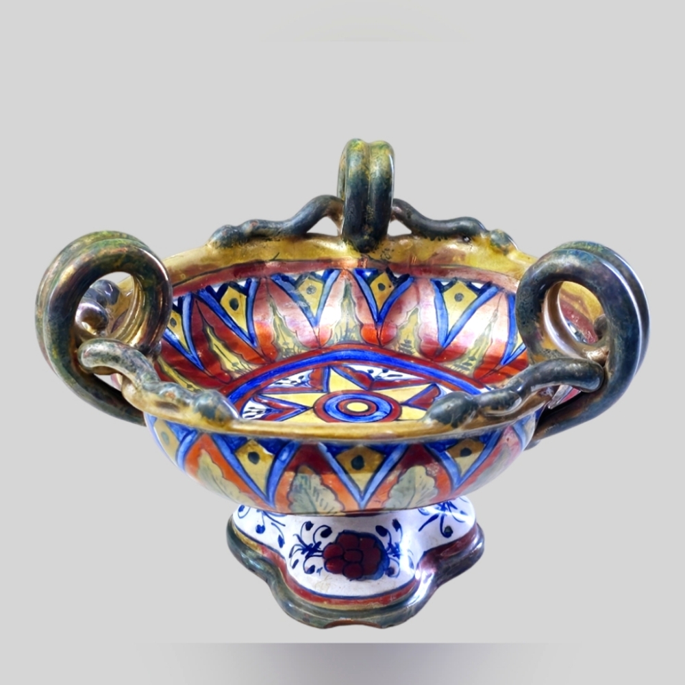 Societa Ceramica Umbria Luster Majolica Italian Pottery Compote Dish Snakes